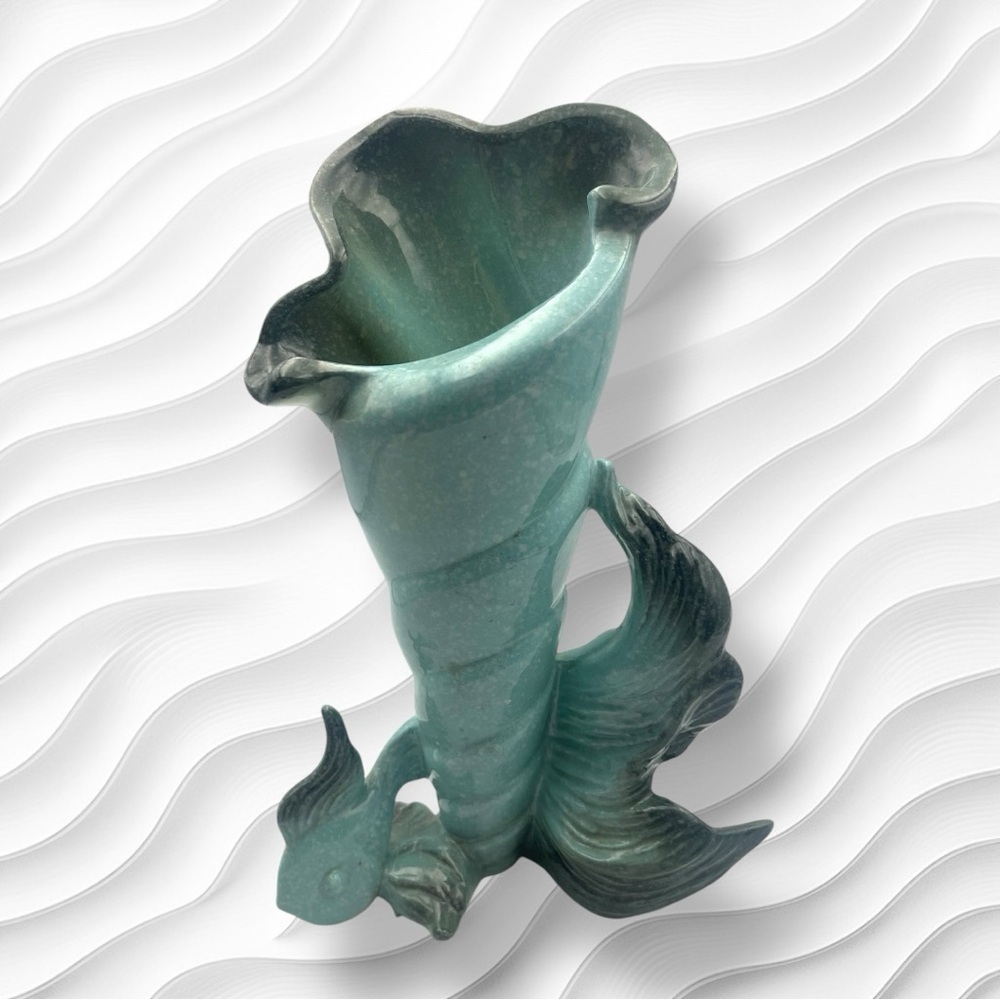 Vintage Hull Ebb Bud Vase 1950s Shell Fish Tide Aqua Speckled Pottery 10" x 6"